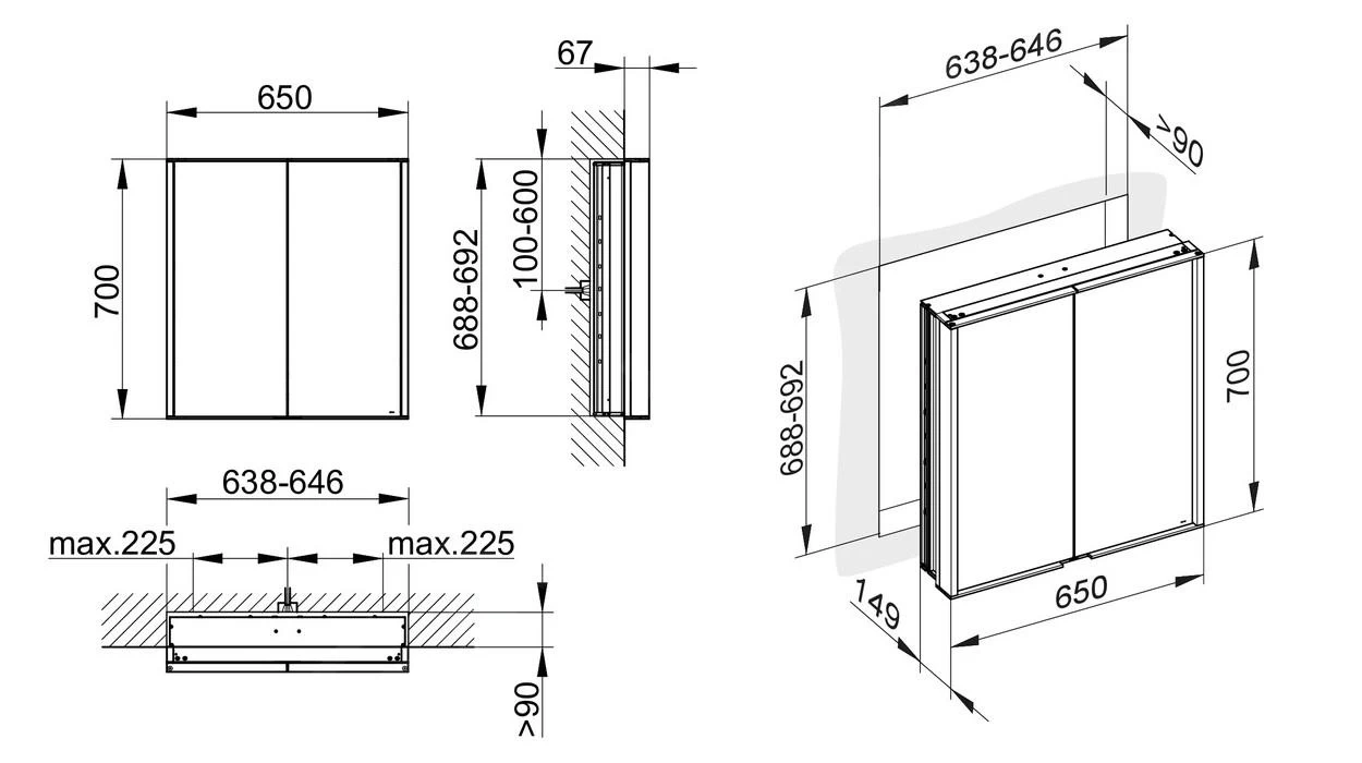 Keuco Royal Match - Spiegelkast Met LED-verlichting, Inbouw, 650x700x149 Mm, Zilver Geanodiseerd 12811171311 - Image 2