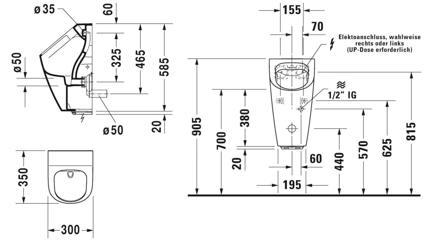 Duravit ME By Starck - Electronische Urinoir, Afvoer Horizontaal, Rimless, Wit 2809310093 - Image 2