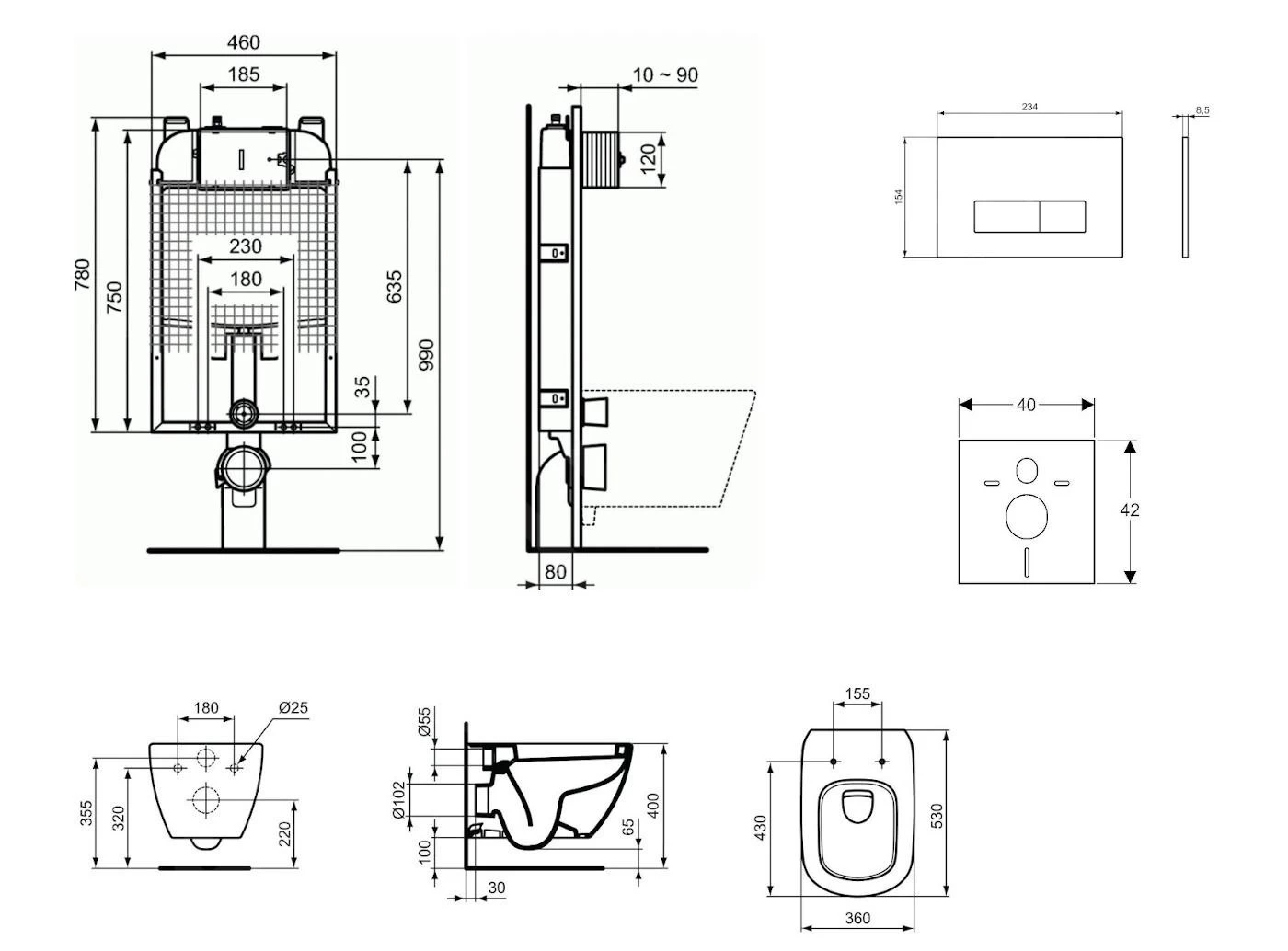 Ideal Standard ProSys - Toiletset- Inbouwreservoir, Closet, WC-zitting Tesi, Oleas M2 Bedieningsplaat, Mat Chroom ProSys80M SP86 - Image 2