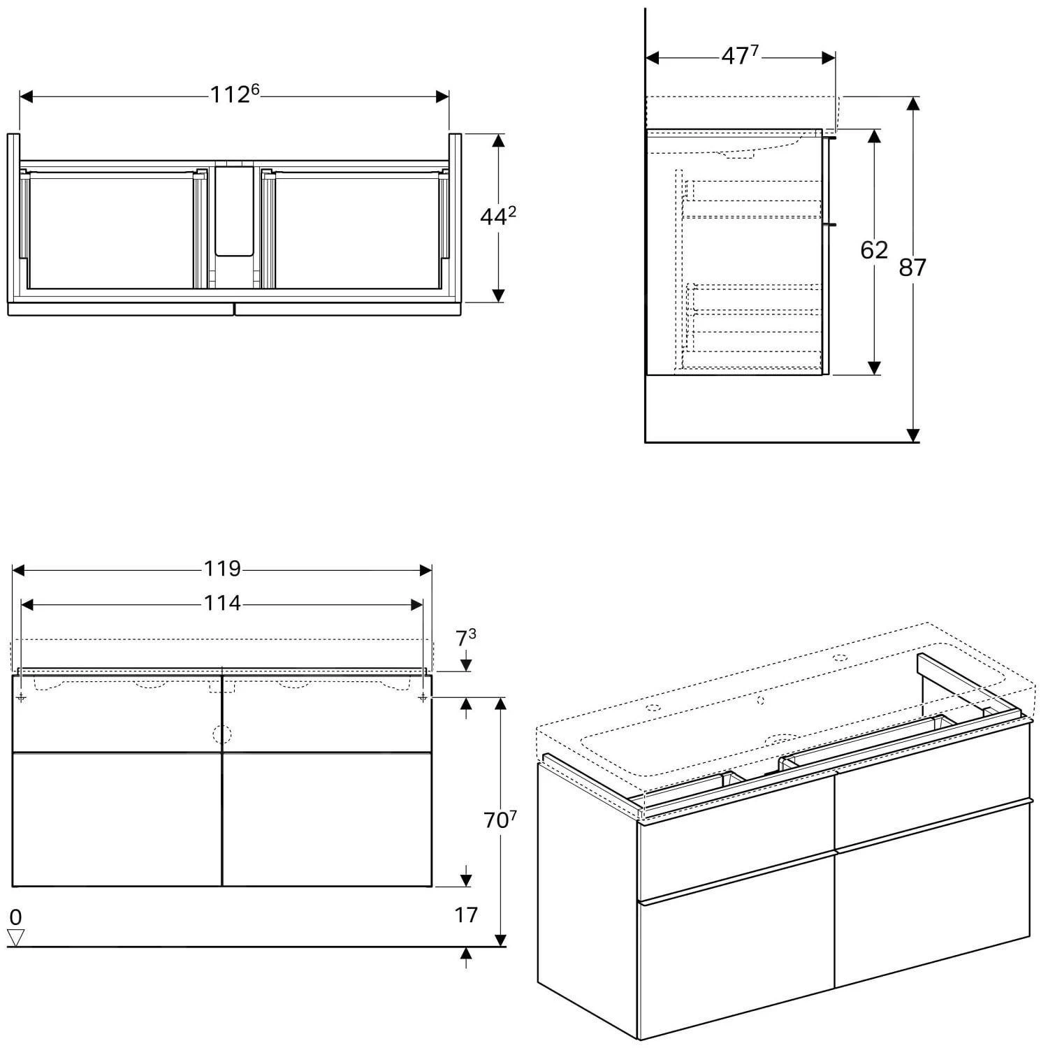 Geberit ICon - Onderkast Voor Dubbele Wastafel Met 4 Laden 1200 Mm, Lava Look 841421000 - Image 2